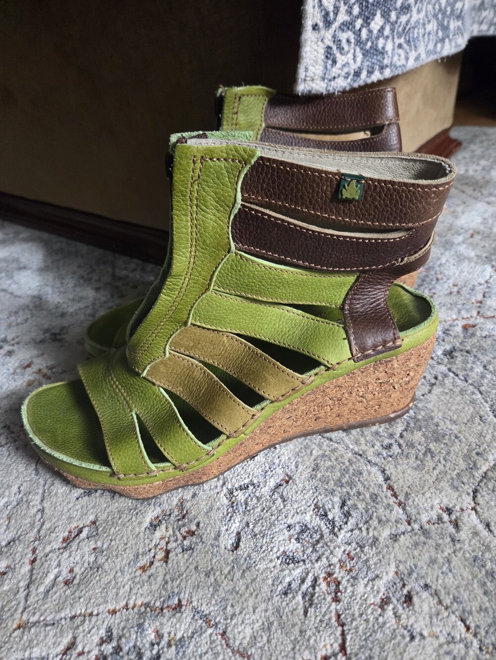 El Naturalista Green and Brown Leather Wedge Sandals Size 40